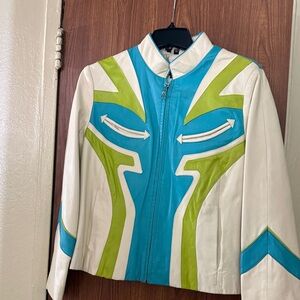 Baby Phat White Leather Jacket with Turquoise & Lime Accents